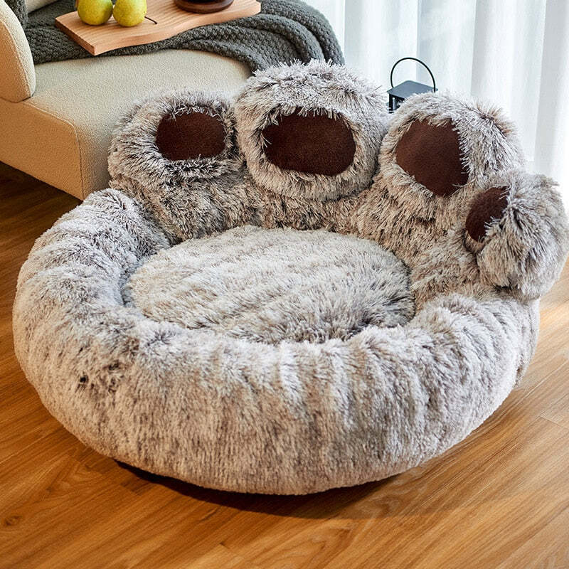 Calming Bear Paw Dog Bed Anti-Anxiety Paw Bed for Dogs Comfy Fur Donut