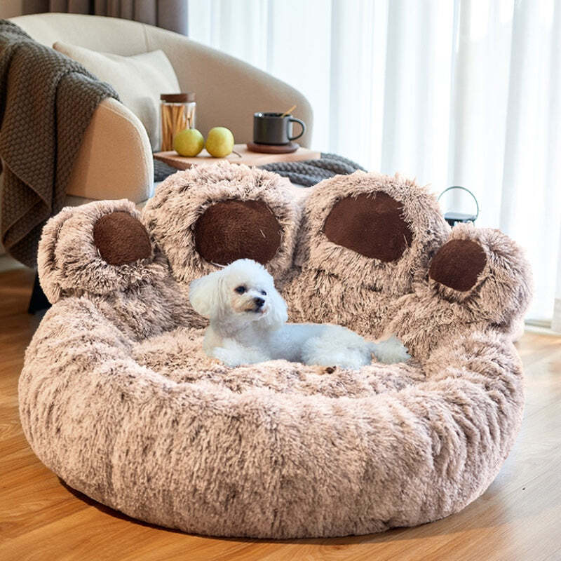 Calming Bear Paw Dog Bed Anti-Anxiety Paw Bed for Dogs Comfy Fur Donut