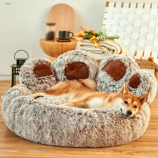 Calming Bear Paw Dog Bed Anti-Anxiety Paw Bed for Dogs Comfy Fur Donut
